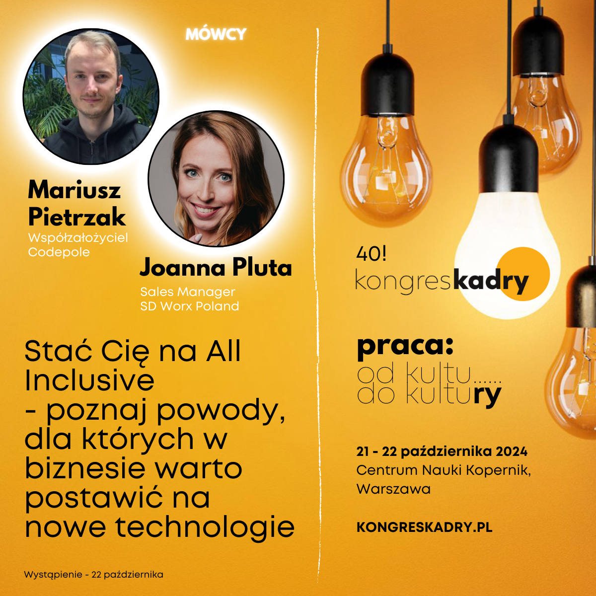 Grafika promująca konferencję Kongres Kadry w Warszawie przedstawiająca szczegóły wystąpienia Joanny Pluty z SD Worx oraz Mariusza Pietrzaka z Codepole